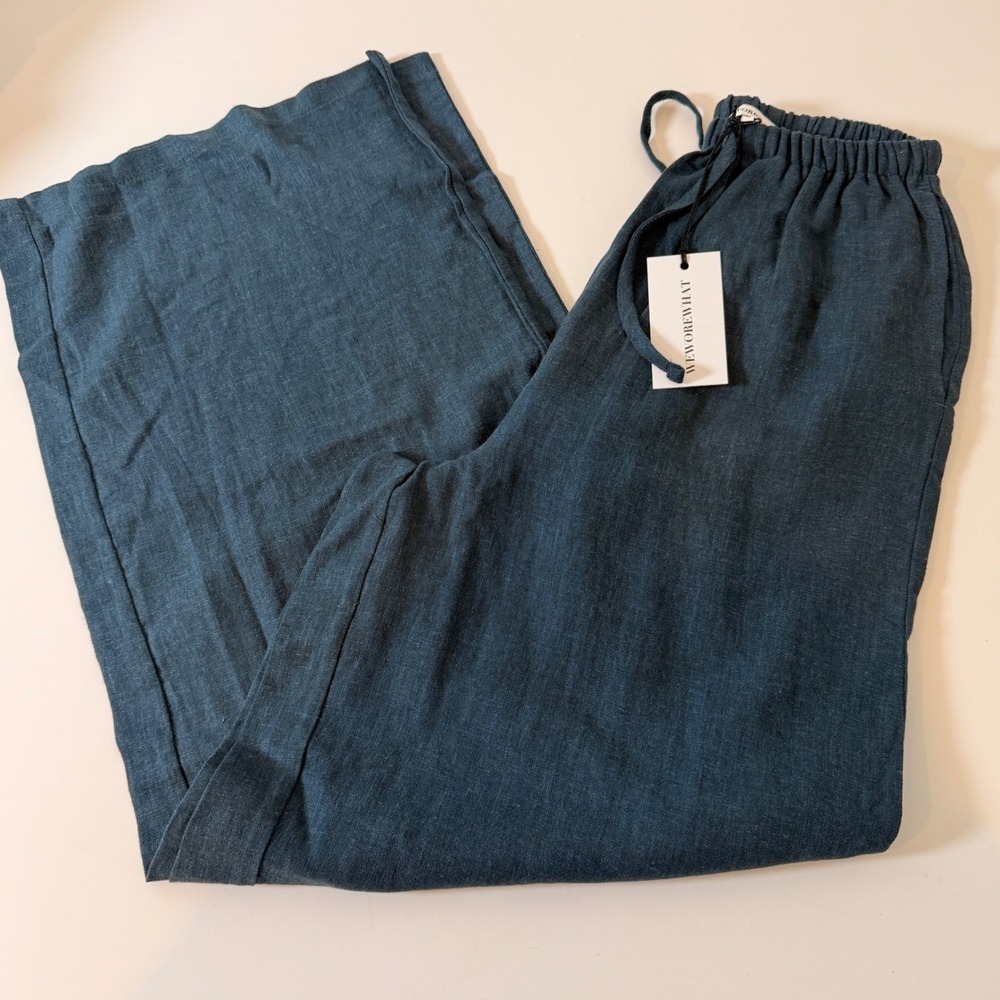 WeWoreWhat Wide Leg Pants Deep Storm Blue Linen Blend Drawstring XS